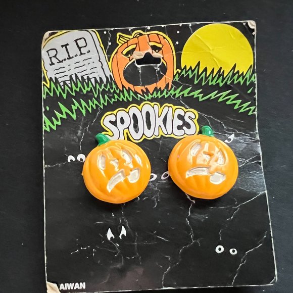 Vintage Halloween Spookies Taiwan Pumpkin Jack O Lantern Clip On Earrings - Picture 2 of 3